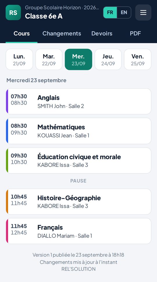 Emploi du temps de la classe affiché sur un téléphone
